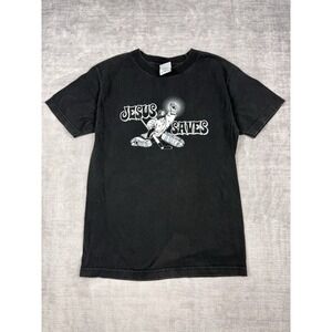 Vtg Jesus Shirt Mens Small Black Y2K Christian Jesus Saves Hockey Funny Faded‎